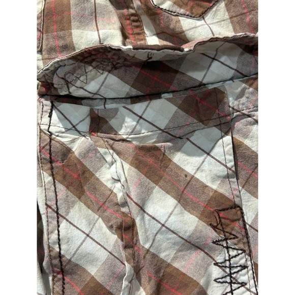 Koman Cargo Shorts Mens 32 White Brown‎ Plaid Utility Pockets Casual Flat Front - Picture 10 of 16